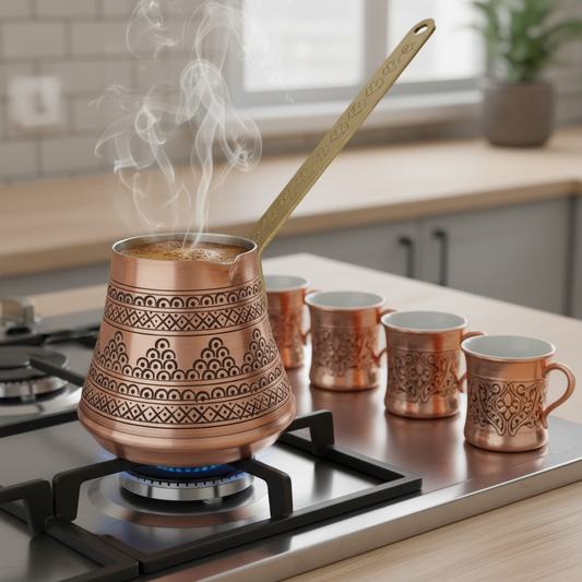 BAKIR DÜNYASI - 5 Kişilik El Yapımı Kalın Bakır Cezve | Ağır, Üzüm Desenli | Türk Kahvesi Cezve