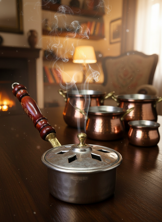 BAKIR DÜNYASI - El Yapımı Bakır Tütsülük (Buhurdanlık) | Ahşap Saplı | Geleneksel Dövme İşçiliği | Ev, Ofis, Meditasyon İçin Otantik Koku Yayıcı