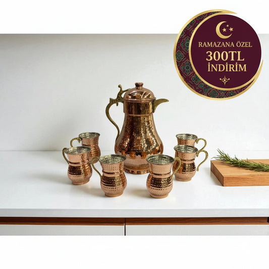 Bakır Dünyası – 7 Parça El İşçiliği Kapaklı Bakır Sürahi Takımı (2 L Sürahi + 6 Bardak)