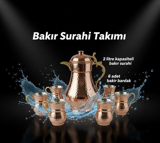 Bakır Dünyası – 7 Parça El İşçiliği Kapaklı Bakır Sürahi Takımı (2 L Sürahi + 6 Bardak)