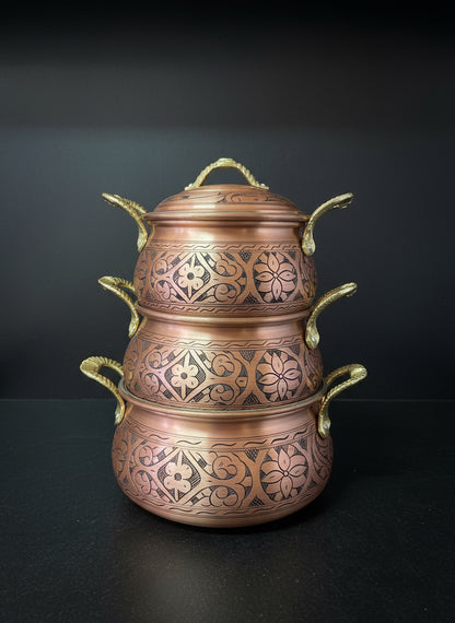 BAKIR DÜNYASI - 3'lü El Oyması Bakır Tencere Seti (3-4-5 Litre) | Kalın, Kalaylı, Kapaklı | Otantik Mutfak Seti | Lüks El İşçiliği Pirinç Kulp