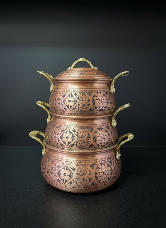 BAKIR DÜNYASI - 3'lü El Oyması Bakır Tencere Seti (3-4-5 Litre) | Kalın, Kalaylı, Kapaklı | Otantik Mutfak Seti | Lüks El İşçiliği Pirinç Kulp