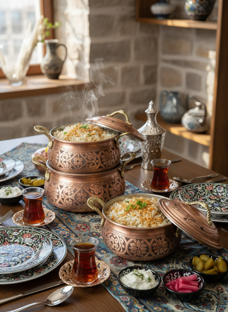 BAKIR DÜNYASI - 3'lü El Oyması Bakır Tencere Seti (3-4-5 Litre) | Kalın, Kalaylı, Kapaklı | Otantik Mutfak Seti | Lüks El İşçiliği Pirinç Kulp