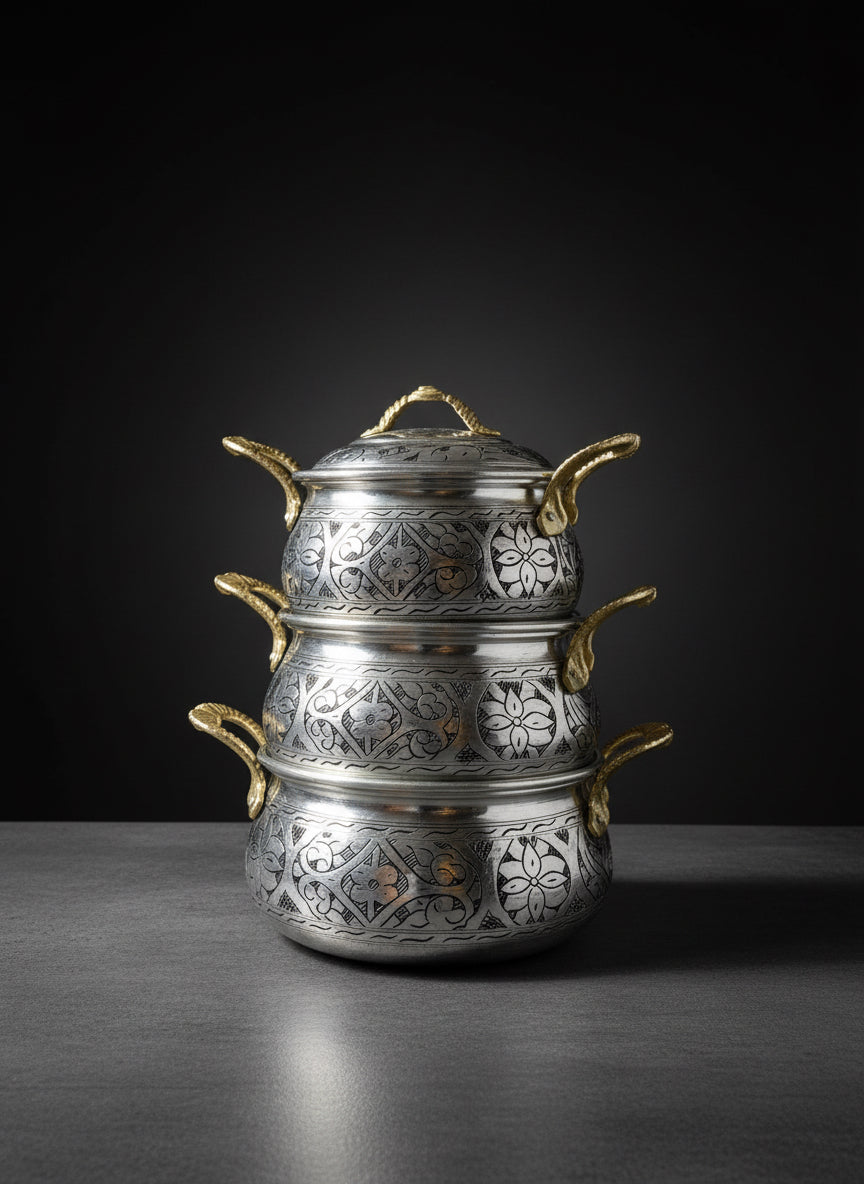 BAKIR DÜNYASI - Gümüş Renk 3'lü El Oyması Bakır Tencere Seti (3-4-5 Litre) | Kalın Nikelaj Kaplama | Kapaklı, Otantik Mutfak Seti | Lüks El İşçiliği Pirinç Kulp