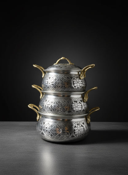 BAKIR DÜNYASI - Gümüş Renk 3'lü El Oyması Bakır Tencere Seti (3-4-5 Litre) | Kalın Nikelaj Kaplama | Kapaklı, Otantik Mutfak Seti | Lüks El İşçiliği Pirinç Kulp