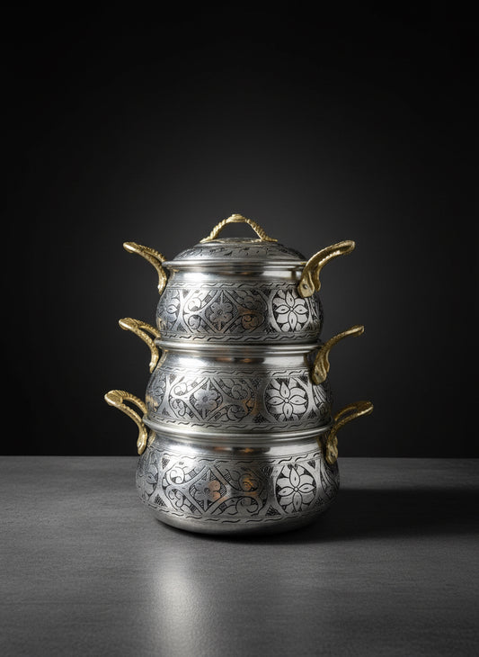 BAKIR DÜNYASI - Gümüş Renk 3'lü El Oyması Bakır Tencere Seti (3-4-5 Litre) | Kalın Nikelaj Kaplama | Kapaklı, Otantik Mutfak Seti | Lüks El İşçiliği Pirinç Kulp