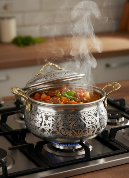 BAKIR DÜNYASI - Gümüş Renk 3'lü El Oyması Bakır Tencere Seti (3-4-5 Litre) | Kalın Nikelaj Kaplama | Kapaklı, Otantik Mutfak Seti | Lüks El İşçiliği Pirinç Kulp