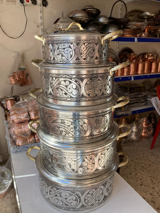 El İşlemesi 5’li Bakır Tencere Seti - Kalın Bakır & İçi Dışı Kalaylı (2-7 Litre)